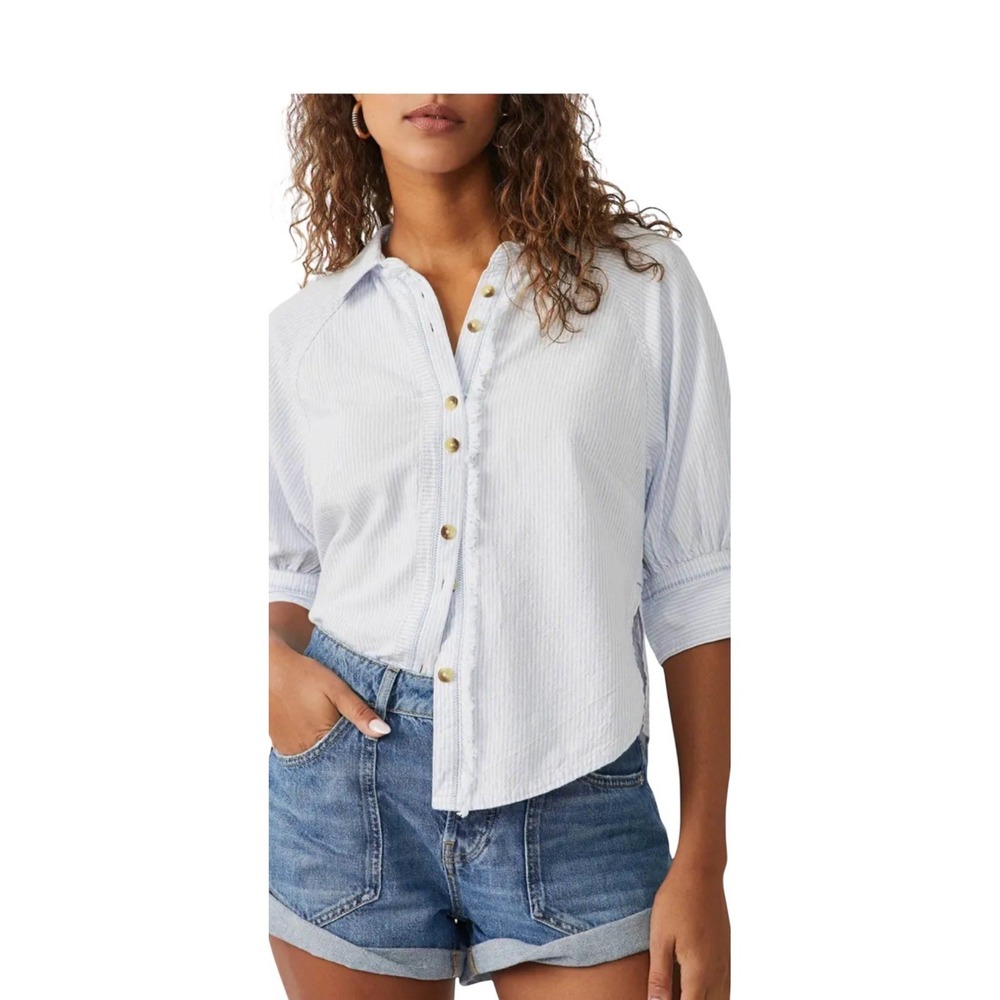 We The Free People Womens Ellie Button Up Top Size M Blue Stripe Seersuckers NWT